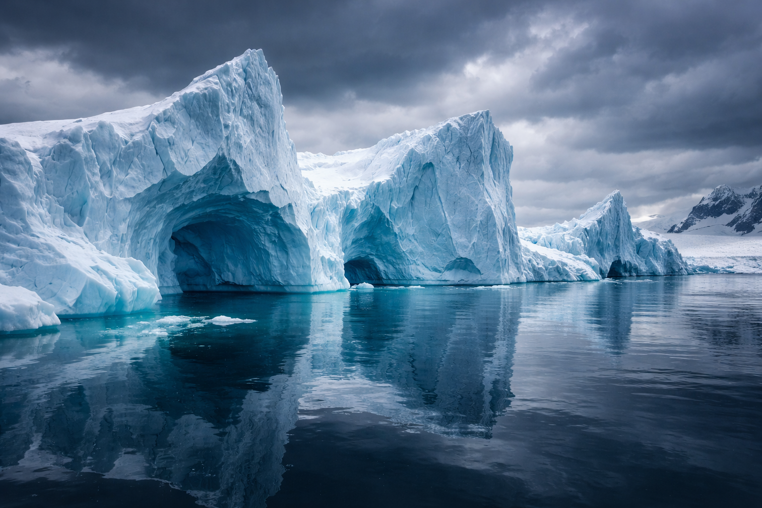 Towering icebergs and glacial blue water in Antarctica under a dramatic cloudy sky