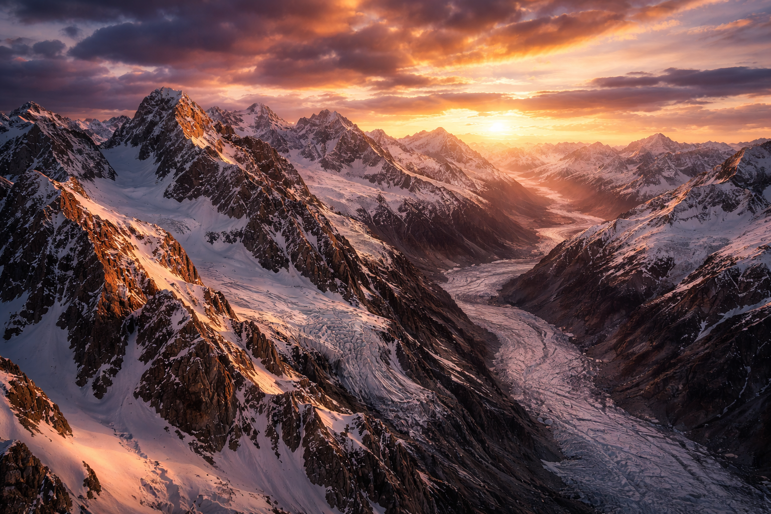 Dramatic snow-capped mountain range at golden hour with deep orange and purple sky