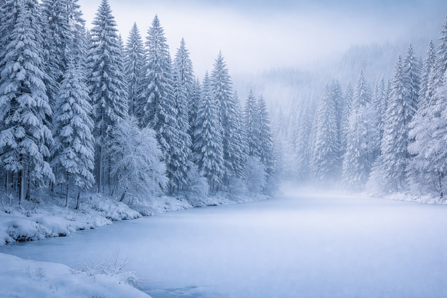 Snow-covered pine forest in a silent winter landscape in Hokkaido Japan