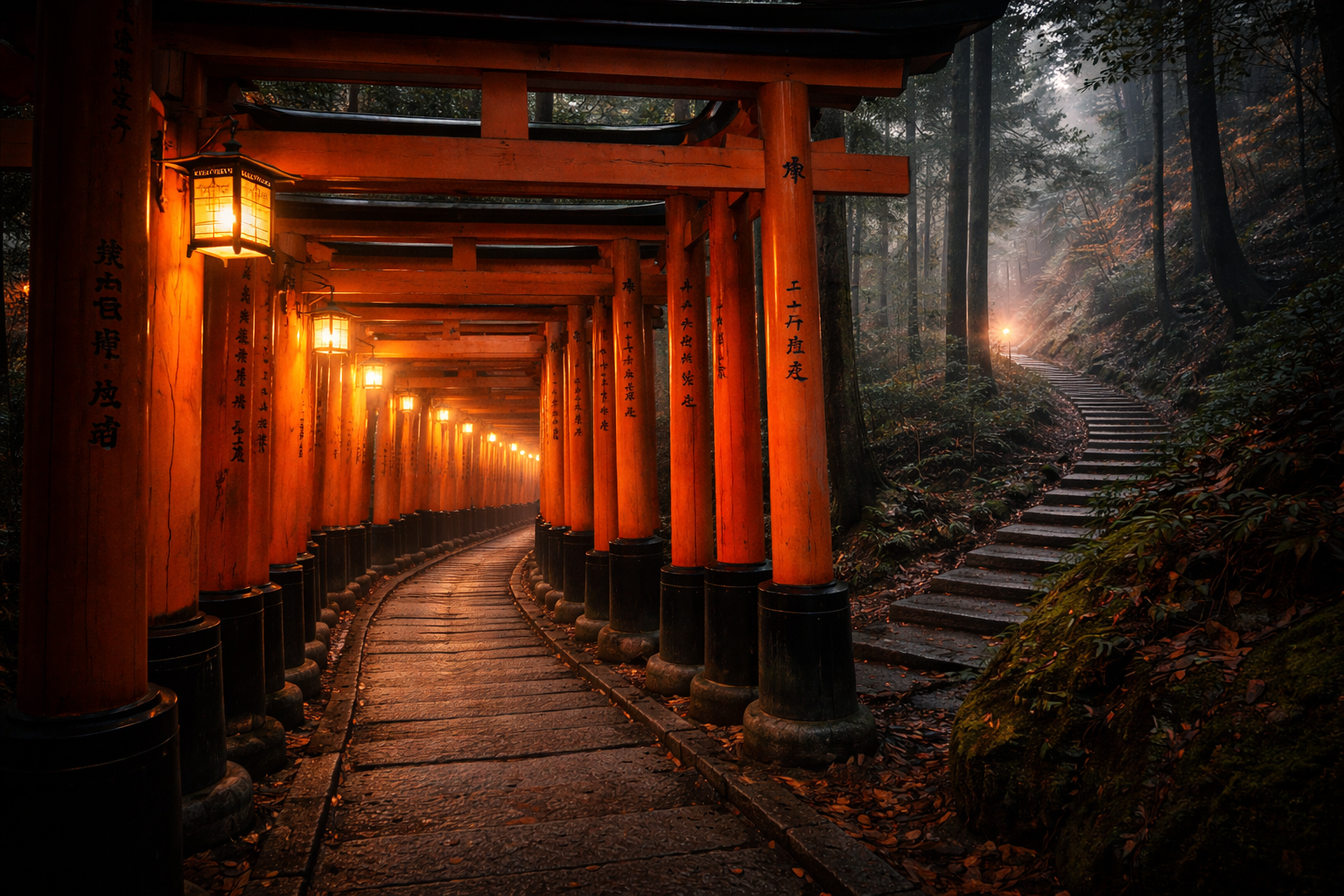 Thousands of vermilion torii gates lining a forested hillside path in Fushimi Inari Kyoto Japan