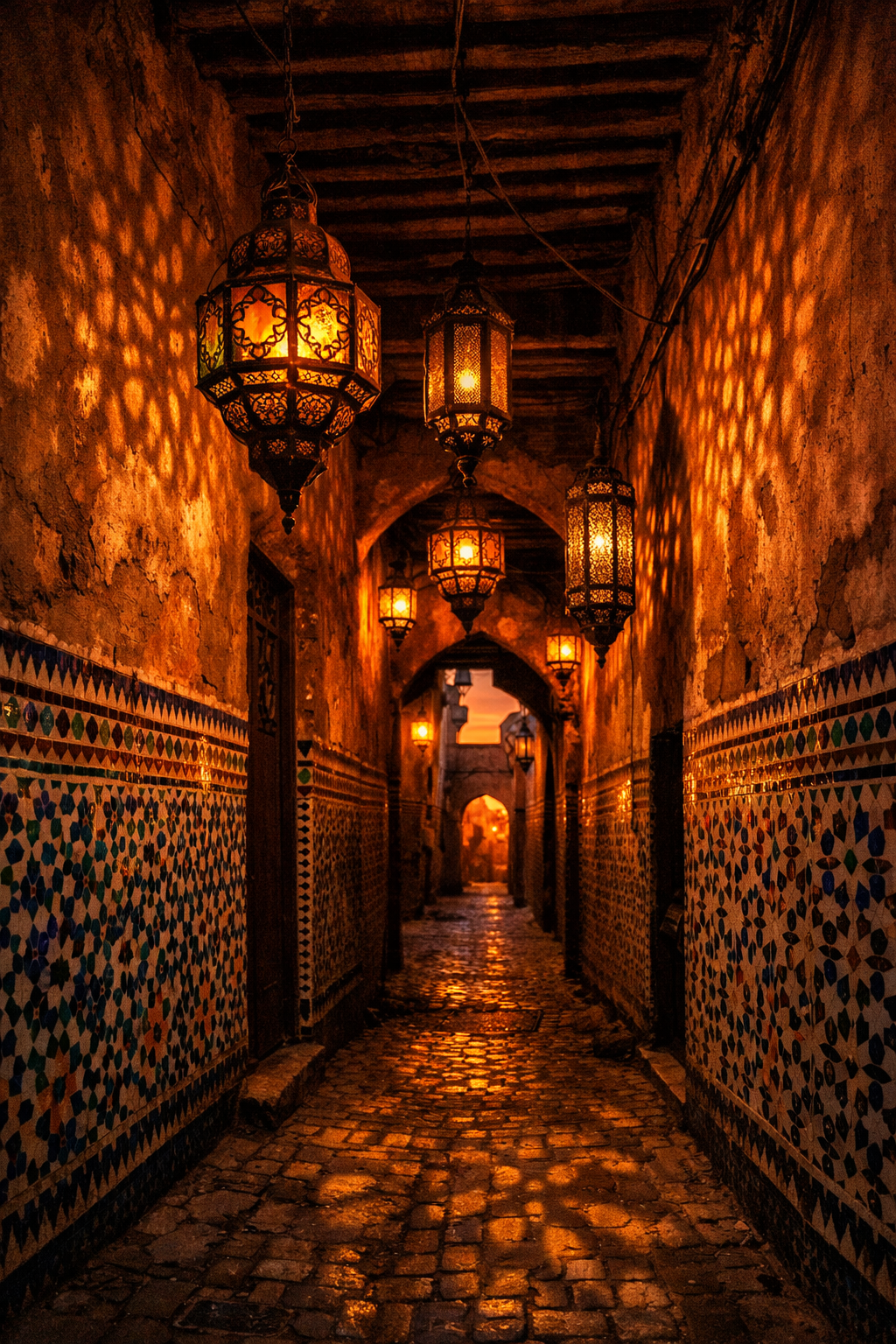 Colourful spice market stalls and ornate architecture in the Medina of Marrakech Morocco
