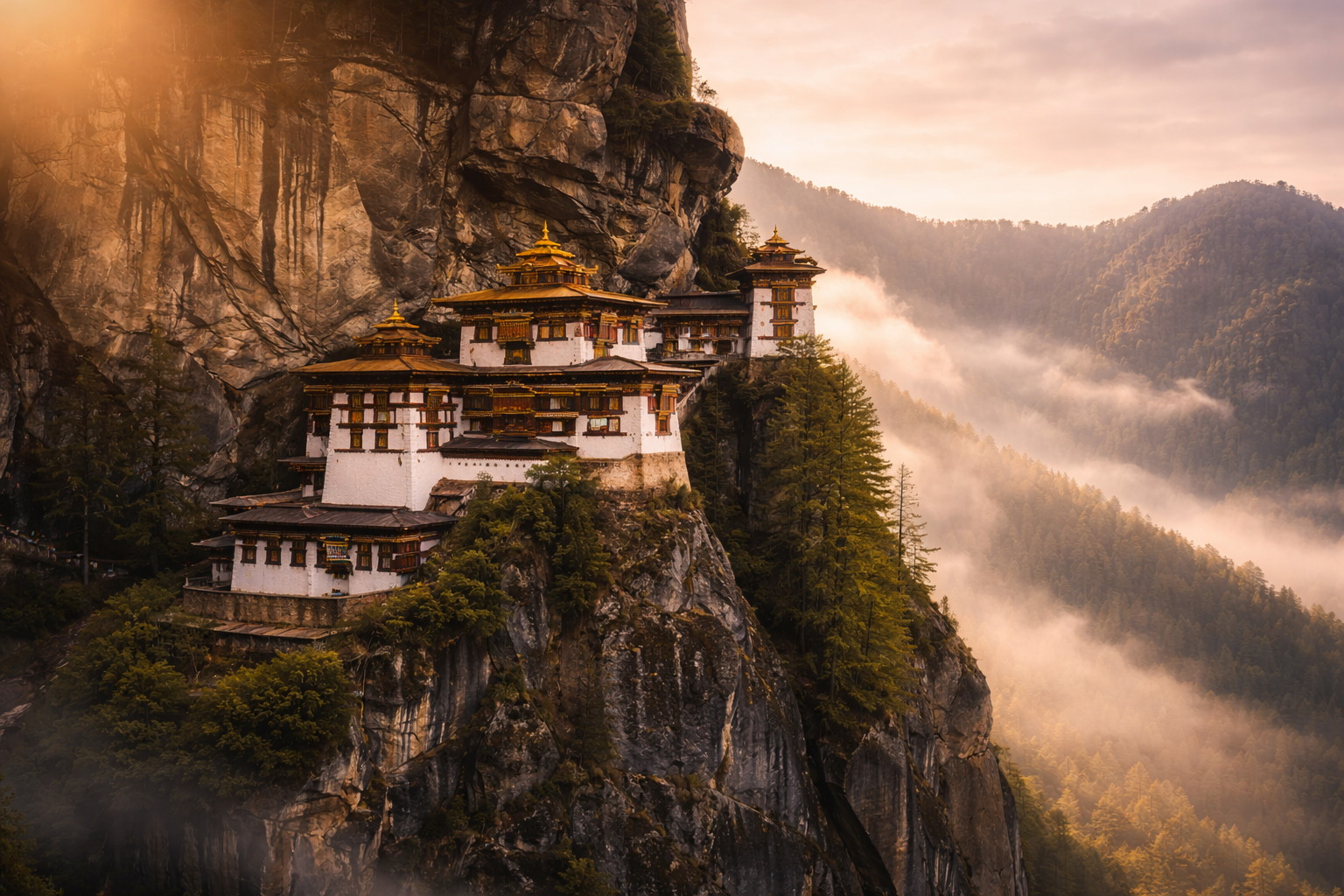 Tiger's Nest Paro Taktsang monastery perched on a sheer cliff above a mist-filled valley in Bhutan